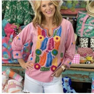 Sister Mary Gloria pink Sz M floral embroidered peasant blouse cottage boho